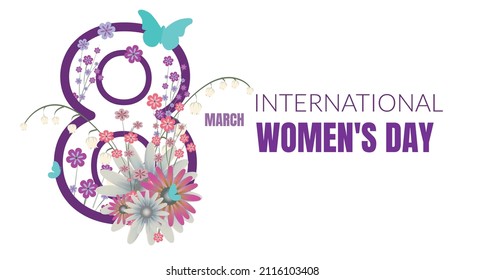 International Women's Day. Number 8 decorated with flowers and butterflies on white background.Vector,Illustration eps10