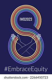 International Women's Day number eight with hugging arms in a rainbow line art. Embrace equity movement illustration elements.