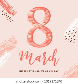 International women's day on 8 march  greeting card / poster / banner. Living coral color and abstract brush concept design.