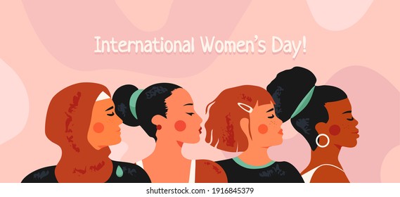 International Women's Day on 8 march. Multicultural and multiethnic women. Female diverse faces. Feminism and equal rights. Sisterhood and friendship concept. Trendy modern vector illustration. 