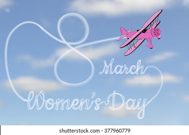 International Women's Day on 8 March. The aircraft in the sky wrote the inscription, vector illustration.