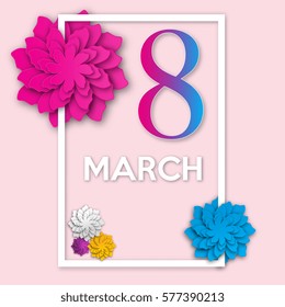 International Women's Day on 8 March. Frame with flowers for congratulations. Colorful card.