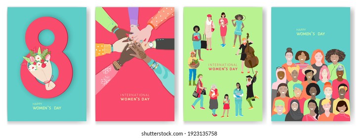 Día Internacional de la Mujer, 8 de marzo, se colocan carteles vectoriales. Grupo multicultural diverso de mujeres de diferentes ocupaciones, varios colores de piel manos femeninas juntas, ramo de flores, niñas étnicas