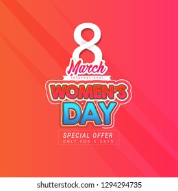 International Women's Day on flowers background, with women's day sale 50%off