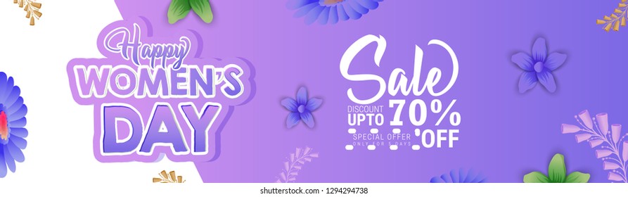 International Women's Day on flowers background, with women's day sale 50%off