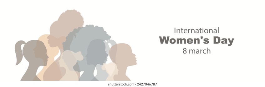 Día Internacional de la Mujer el 8 de marzo. Multitud de mujeres de diferentes edades, razas y ocupaciones. Banner horizontal vectorial. Cartel dedicado al mes de la historia de la mujer. Ilustración vectorial plana