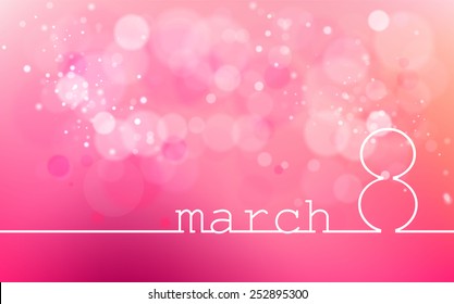 International Women's Day on March 8. Line style design, pink glowing background,  blur, bokhe, confetti, illustration. For banner, flare, website header, postcard. Picture Image. Vector.