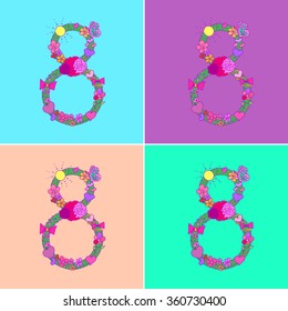 The international women's day on March 8, greeting background with number 8. Set of Beautifully decorated number eight. Hand made vector illustration.