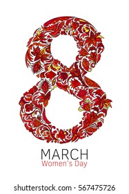 The international women's day on March 8, greeting background with number 8. Hand made vector illustration of beautifully decorated number eight. Red with black outline.  