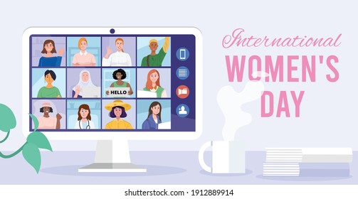 International women's day. Online conference with coworkers through a computer. 