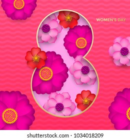 International Women's Day paper cut illustration with gold frame number eight for 8 March card. Happy Womens Day vector 3D paper cut out design with flowers on pink red background card template