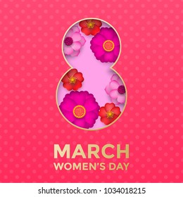 Dia Internacional da Mulher corte ilustração com moldura de ouro número oito para 8 março cartão. Feliz Dia das Mulheres vetor 3D papel recortado design com flores no modelo de cartão de fundo vermelho rosa