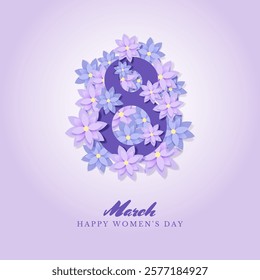 International Women's Day paper cut Card with Colorful Flowers. 8 March Number 3D Illustration Design. Modern Banner Happy Mother's Day. Vector Template with Origami Illustration on Lilac Background.