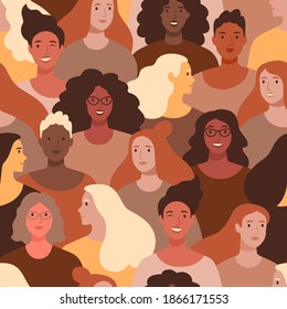 International Women's Day pattern. Vector seamless pattern with multinational diverse group of women in trendy warm color palette  flat style.