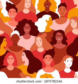 International Women's Day pattern. Vector seamless pattern with multinational diverse group of women in trendy warm color palette  flat style.