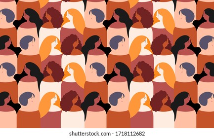 International Womens Day. Pattern Women Different Nationalities And Cultures Illustration. Struggle For Freedom, Independence, Equality