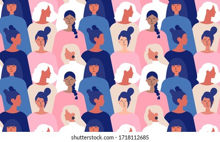 International Womens Day. Pattern women different nationalities and cultures illustration. Struggle for freedom, independence, equality