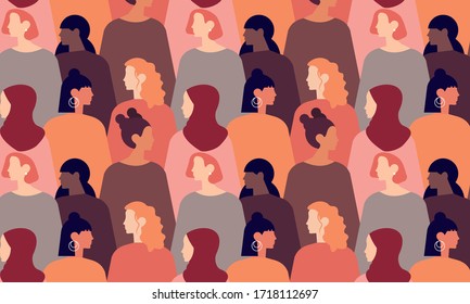 International Womens Day. Pattern Women Different Nationalities And Cultures Illustration. Struggle For Freedom, Independence, Equality