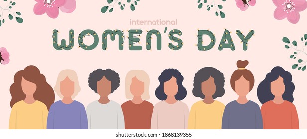 International womens day. Pink banner with flowers on the theme of women's day. Ready banner. Vector.