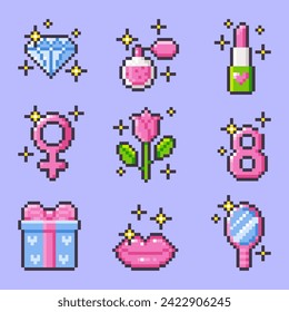 International Women's Day pixel art set. Isolated girly cute vector icons. Female power. 8 march. Design for stickers, mobile app. Vector pixel art illustration in 8-bit y2k style.