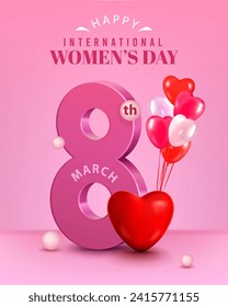 international women's day portrait banner social media post template design with 3d 8th march and heart shape balloons illustration