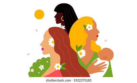 International Women's Day. Portraits of various women: mother with baby, beautiful woman with long hair, black woman with earrings. Different women with flowers. Greetings Card, poster, banner, cover 