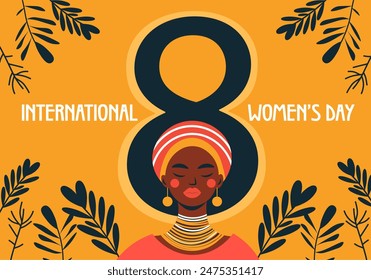 International Women's Day postcard concept in flat cartoon design. This beautiful and bright illustration features a beautiful woman and holiday greetings on a yellow background. Vector illustration.
