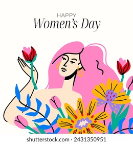 Diseño de postal del Día Internacional de la Mujer. Mujer sosteniendo tulipán en un entorno de flores audaces. Feminismo y concepto de amor propio. Ilustración aislada de vector colorido plano