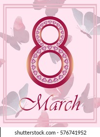 International Women's Day. Postcard March 8.  Vector illustration. Pink background, watercolor butterflies