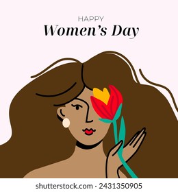 International women's day postcard modern design. Beautiful woman holding tulip. Feminism and self love concept. Flat colorful vector isolated illustration