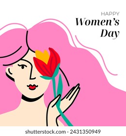 International women's day postcard modern design. Female holding blooming tulip. Feminism and self love concept. Flat colorful vector isolated illustration