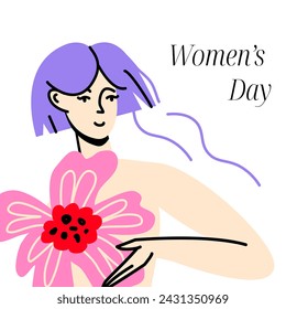 International women's day postcard modern design. Female holding bold flower. Feminism, self love and freedom concept. Flat colorful vector isolated illustration