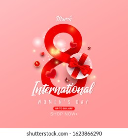 International Womens Day Postcard with number 8 with surprise gift box, heart shaped decor, candle and serpentine on a red background with greeting text