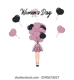 International Women's Day postcard. Poster template with a girl and many balloons. On a transparent background.