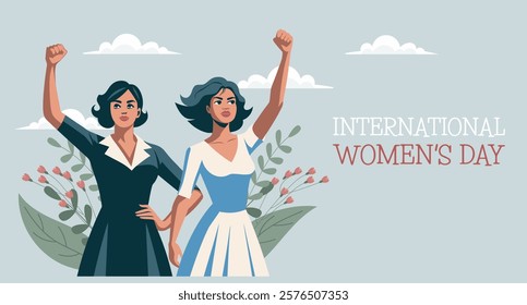 International Women's Day postcard. Two young women with flowers and raised hands in protest gesture. Flat illustration