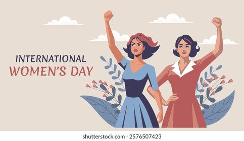 International Women's Day postcard. Two young women with flowers and raised hands in protest gesture. Flat illustration