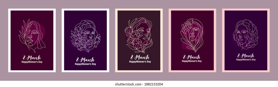 International womens day postcard. Vector templates for cards, posters, flyers and other users. A set of postcards on a dark background, line art portraits of beautiful women with flowers.