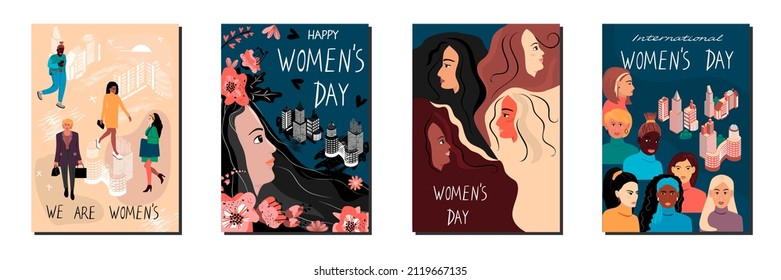 International Womens Day.Set of  postcards with female characters from different cultures, metropolis buildings and lettering.Vector concept of gender equality and of the female empowerment movement.