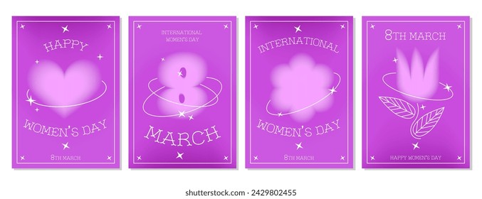 International Women's Day poster a4, greeting card set with blurred shapes, heart, flower, tulip. Trendy gradients,  y2k. For social media, banner, postcard. Modern vector illustration for 8 March.