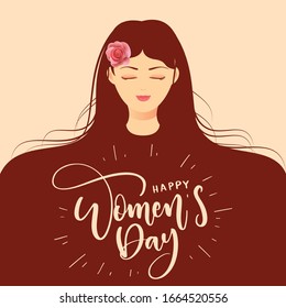 International Women`s Day poster background with long hair girl from the front view vector flat illustration. Happy Wome's Day design with font and beautiful girl vector illustration. 8 march 