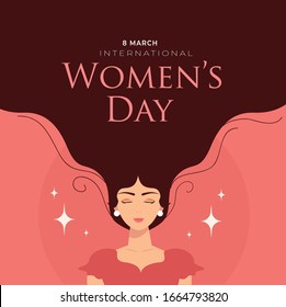 International Women's Day poster background with long hair girl from the front view vector flat illustration. Happy Women's Day design with font and beautiful girl vector illustration. 8 march 