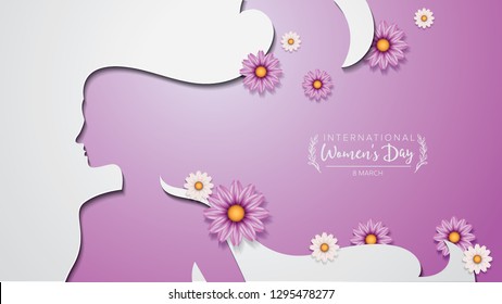 International Women's Day poster, banner, flyer. Silhouette of woman in paper cut out style and some flowers decoration.