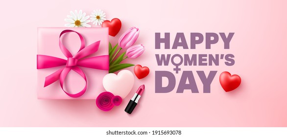 International Women's Day Poster or banner with gift box,flower and symbol of 8 from ribbon bow.Promotion and shopping template for Women's Day or Mother's Day concept.Vector illustration EPS10