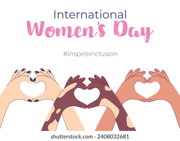 International Womens Day poster, banner. Inspire inclusion. Women of different ethnicity showing heart with hands. Flat cartoon style vector illustration.