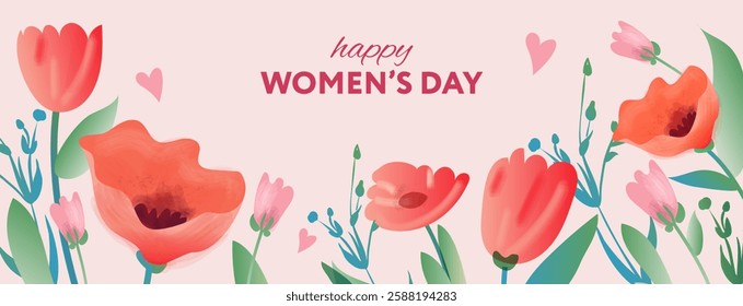 International Women's Day poster or banner with flowers. Promotion and shopping template for 8 March and women's day concept, vector illustration