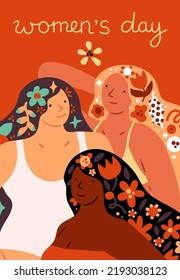 International Women's Day poster. Beautiful female portrait. Long hair with spring flowers. Cute festive card. Blossoms in hairstyle. Multiracial persons. Vector March