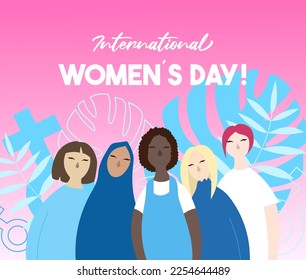 International women's day poster depicting 5 different women on the pink gradient background.