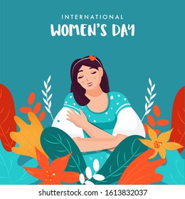 International Women's Day Poster Design with Young Girl Character and Nature View on Turquoise Background.