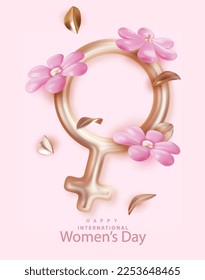 International Women's Day poster with Female sign 3d illustration. 8 March banner 