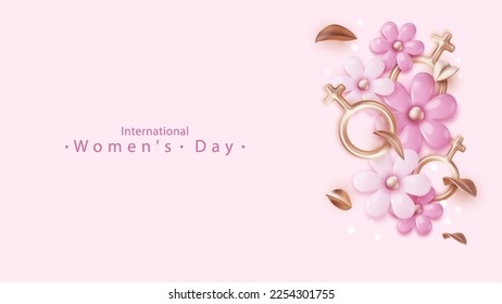 International Women's Day poster with Female sign 3d and composition of spring pink flowers.